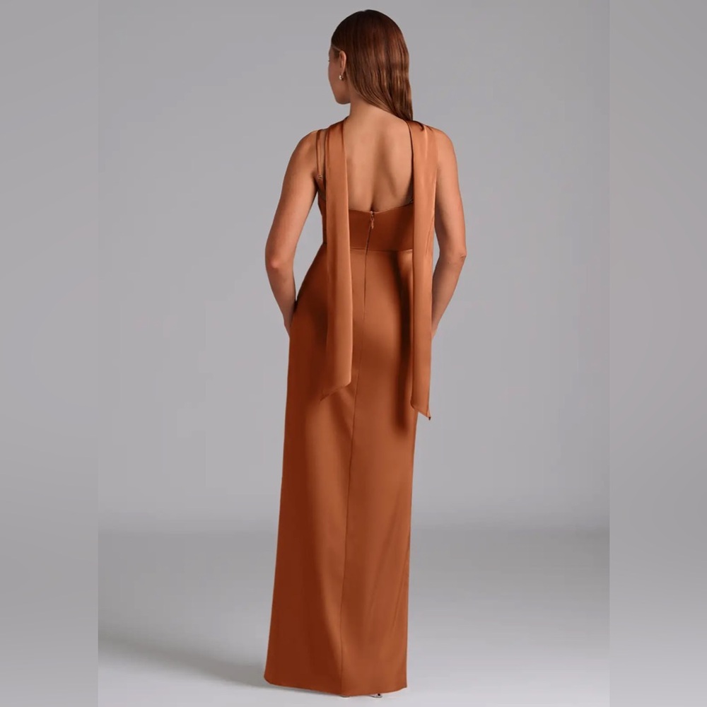 Azazie Calandra Copper A-Line Pleated Stretch Satin Dress - Picture 4 of 7
